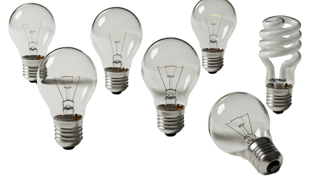A collection of classic incandescent light bulbs with one modern energy-saving compact fluorescent lamp standing out, symbolizing innovation and new ideas