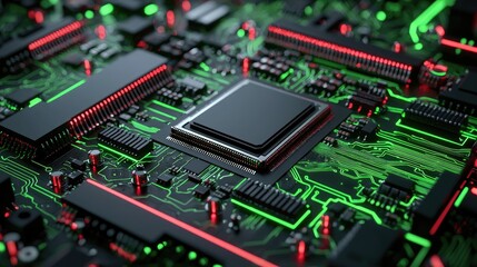 Fototapeta premium Advanced computer motherboard with a glowing central processing unit.