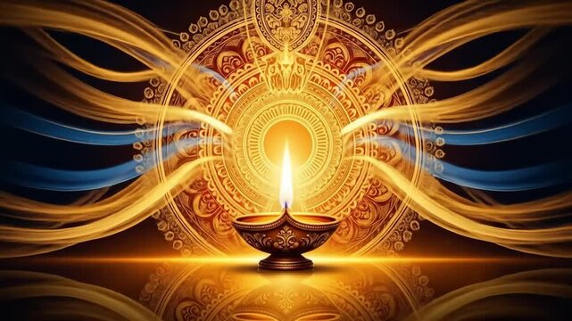 3D Glowing abstract art of a digital lamp with Labh Pancham motifs concept as An abstract digital art banner featuring a glowing digital lamp adorned with Labh Pancham motifs. The lamp emits a soft