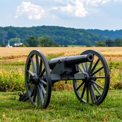 A large, dark gray cannon sits on a grassy field, overlooking a golden field and a distant line of trees.