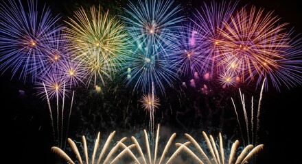 Fototapeta premium Fireworks Spectacular: A mesmerizing array of colorful fireworks bursts against a dark sky, evoking feelings of celebration, joy, and wonder. Capturing the magic of festivities.