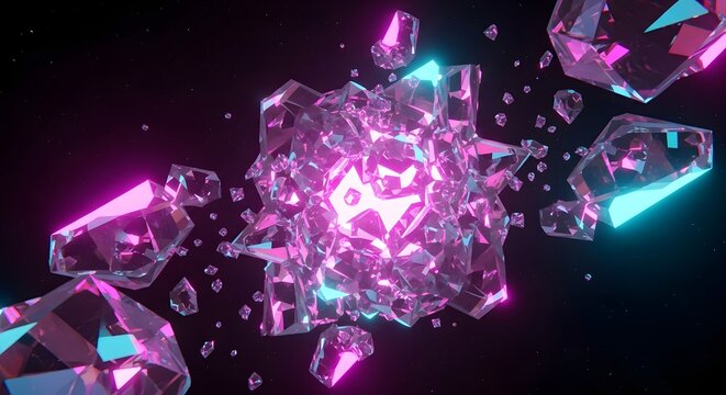 A cluster of glowing, fractured crystals with vibrant pink and blue neon light effects against a dark background.