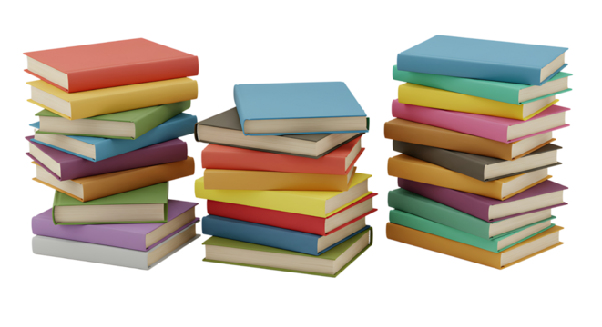 Three tall stacks of colorful hardcover books isolated on a white background representing literature and education