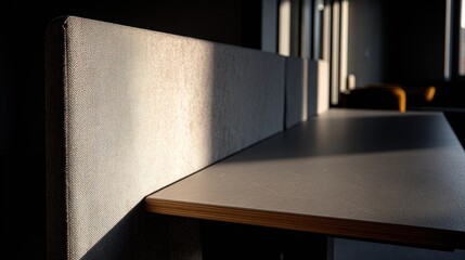 Medium shot of a desk partition panel sharply in focus softly blurring the adjacent workspace to illustrate a quiet private work area.