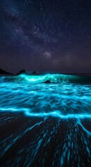 Fototapeta premium Bioluminescent ocean waves illuminate a celestial night with a starry display above a tranquil seashore
