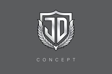 Obraz premium JD Creative Initial Letter Logo with Shield and Laurel Wreath Silver Metallic Branding Emblem on Gray Background.