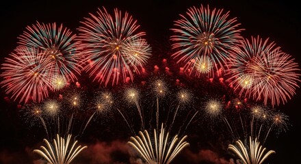 Fototapeta premium Fireworks in the Night Sky: A vibrant display of fireworks explodes against a velvety black canvas, each burst of color painting ephemeral art in the night. Witness the spectacle of light.