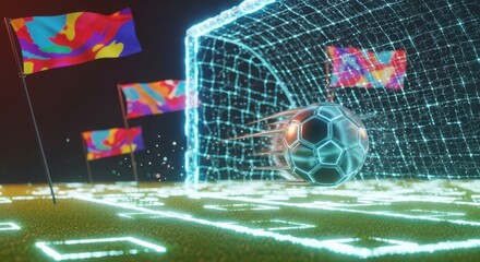 Futuristic Soccer Game with Colorful Flags and Digital Goal