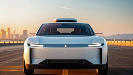 Cybersecurity autonomous vehicle systems for self driving car safety, sleek white sedan front view urban highway sunrise with smart lidar sensors - Powered by Adobe