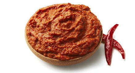 Obraz premium Delicious and spicy chili paste in a wooden bowl, perfect for enhancing your favorite dishes or serving as a condiment.