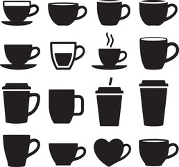 Obraz premium Assortment of black silhouette coffee cups and mugs on white background hot drink beverage