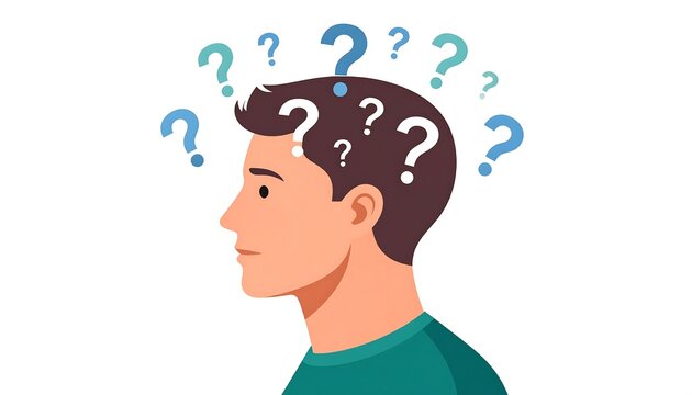 Profile view of a man with numerous question marks above his head