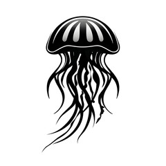 A stunning black and white illustration of a jellyfish, showcasing its flowing tentacles and graceful form in the ocean.