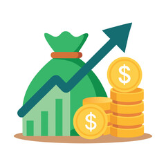 Financial growth and success represented by a money bag rising stock market graph and stacks of gold coins symbolizing wealth accumulation and increasing profits