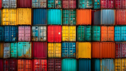 Fototapeta premium A vibrant wall of shipping containers in various colors, symbolizing global trade and logistics in modern transportation.