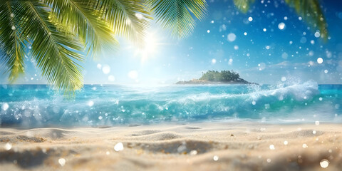 Fototapeta premium Breathtaking tropical beach scene with palm trees, sparkling waves, and an island in the background under a radiant sunlight.
