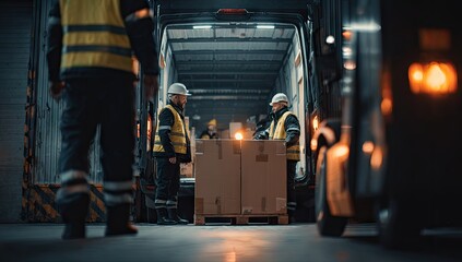 Warehouse workers loading truck with cargo, logistics and shipping.