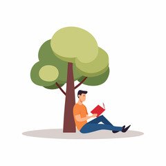 Flat Vector Illustration of a Man Reading a Book Under a Tree, Simple Design, Isolated on White Background