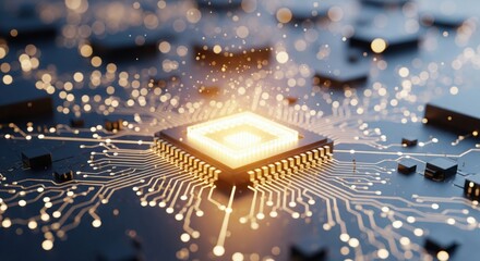 Illuminated Semiconductor Circuit: A mesmerizing macro view of a glowing semiconductor, set within a detailed circuit board, symbolizes the essence of modern technology, data transfer.