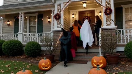 Joyful kids in costumes trick-or-treating at a decorated house on Halloween evening - Powered by Adobe