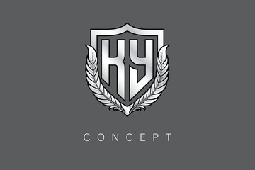 KY Creative Initial Letter Logo with Shield and Laurel Wreath Silver Metallic Branding Emblem on Gray Background.