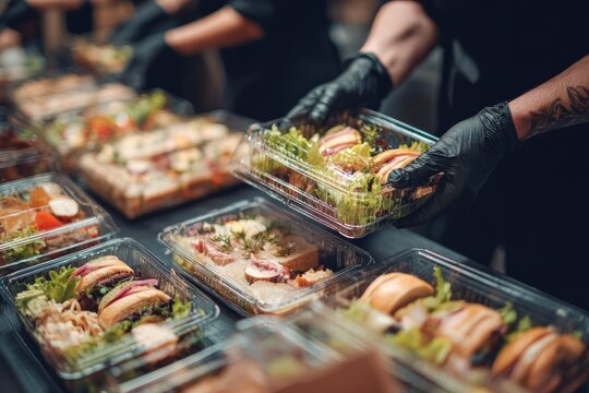 Workers in a commercial kitchen preparing healthy takeaway meals in plastic containers for delivery.
