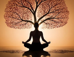 Visualize the impact of self-reflection and mindfulness on mental health. a person sitting in meditation, with an abstract tree extending from their head. Yoga in front of a tree.