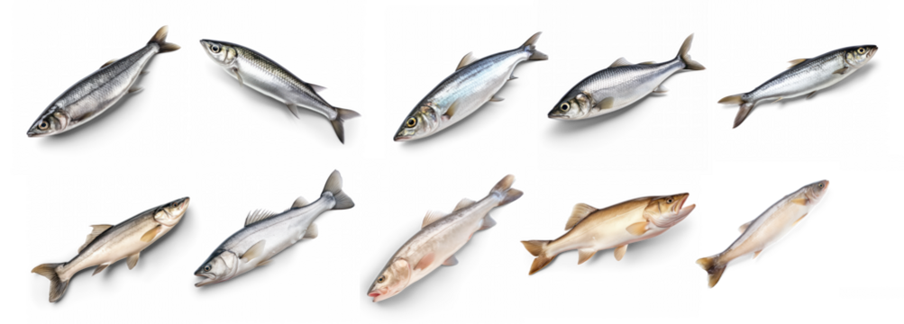 A collection of various fish, including salmon, trout, and mackerel, displayed on a transparent background