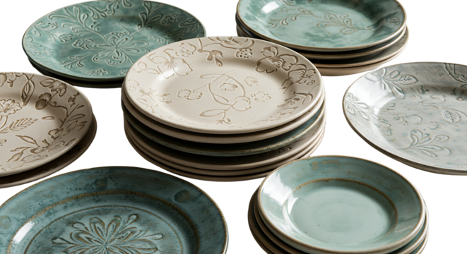 A beautiful collection of handcrafted ceramic dinnerware, featuring rustic blue and beige plates with delicate embossed patterns for stylish home dining