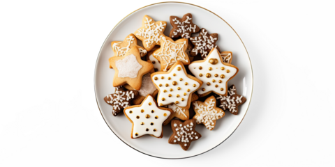 A plate of decorated Christmas cookies on a white plate.