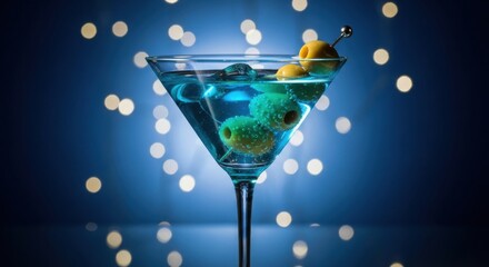 Elegant Blue Martini Cocktail With Olives and Bokeh Lights