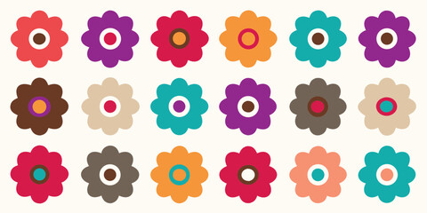 A collection of colorful retro style flowers arranged in a grid pattern on a cream background