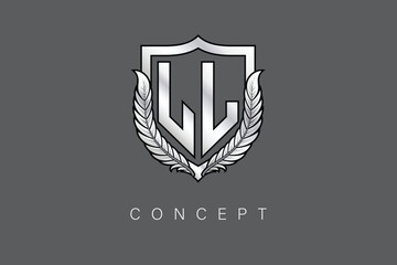 LL Creative Initial Letter Logo with Shield and Laurel Wreath Silver Metallic Branding Emblem on Gray Background.