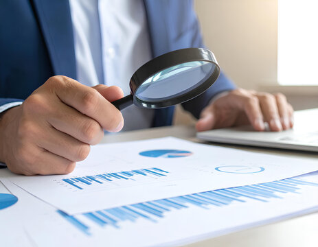 Businessman analyzing sales data on a bar chart in the office, using a magnifying glass to check details.