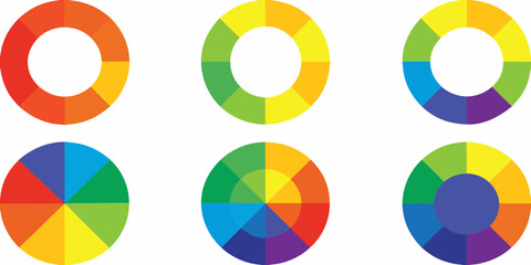 Obraz premium Collection of colorful circular diagrams representing color wheels and spectrums in flat design style