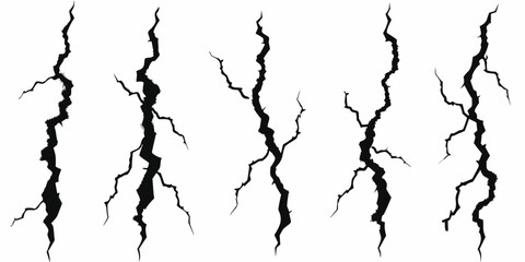 Collection of five black silhouette cracked lines on a white background
