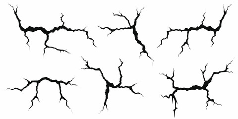 Collection of black cracked surface textures and grunge effects on white background