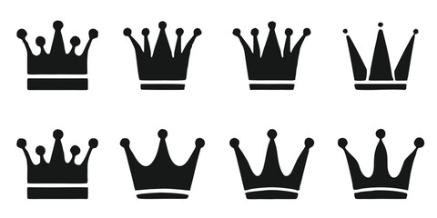 Collection of eight stylized black crown silhouettes on a black background