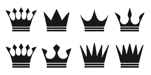 Collection of eight stylized black crown silhouettes on a transparent background