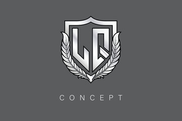 LQ Creative Initial Letter Logo with Shield and Laurel Wreath Silver Metallic Branding Emblem on Gray Background.