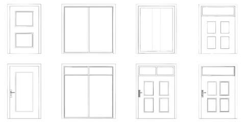 Collection of hand drawn architectural sketches of various doors and windows on a white background