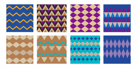 Collection of eight distinct geometric patterns with a retro and tribal aesthetic in various color palettes