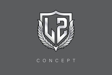 LZ Creative Initial Letter Logo with Shield and Laurel Wreath Silver Metallic Branding Emblem on Gray Background.
