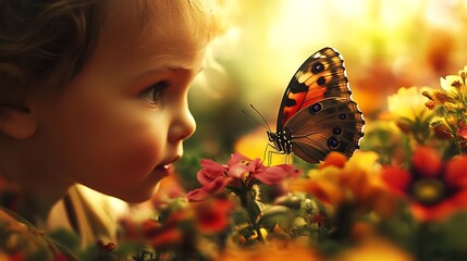 Little girl gazes in wonder at a butterfly resting on a flower in a sunlit garden scene