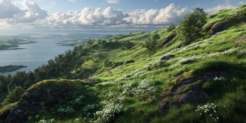 Fototapeta premium Serene Hillside Landscape: Breathtaking View of Lake and Rolling Hills