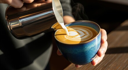 Latte Art Creation: An artisan hand pours steaming, creamy milk into a cup of coffee, meticulously crafting a delicate, swirling design on the surface, in a close-up, detail-focused shot.