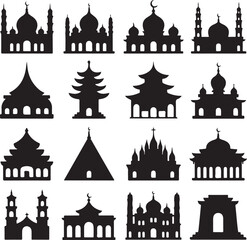 Set of black silhouette mosque and temple building icons on white background architecture