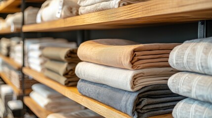 A neatly organized stack of folded towels on wooden shelves in a bathroom.