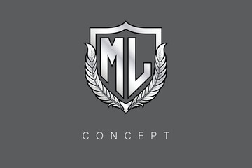 ML Creative Initial Letter Logo with Shield and Laurel Wreath Silver Metallic Branding Emblem on Gray Background.