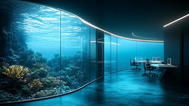 Futuristic underwater office with coral reef view providing a tranquil and innovative workspace environment concept
